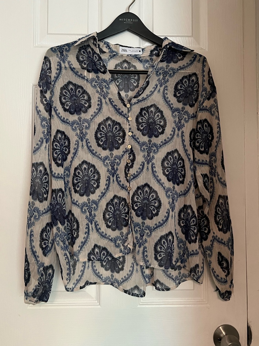 Zara White and Blue Paisley V-Neck Blouse